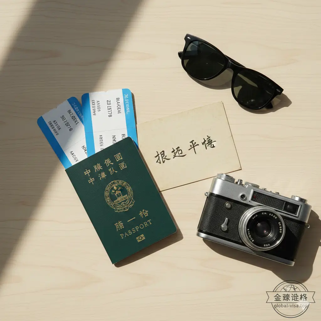 一张温馨的总结图片。画面是一张整理好的旅行桌面，包含台湾护照、登机牌、一副太阳镜、一台相机和一张写着‘Safe Trip’的明信片。背景是淡雅的浅木色桌面。构图舒缓且具有艺术感，光影从侧面切入，营造出一种旅行即将开启的期待感。右下角微妙地融入global-visa.top的Logo，作为全文的收尾，给读者留下值得信赖且充满希望的品牌印象。