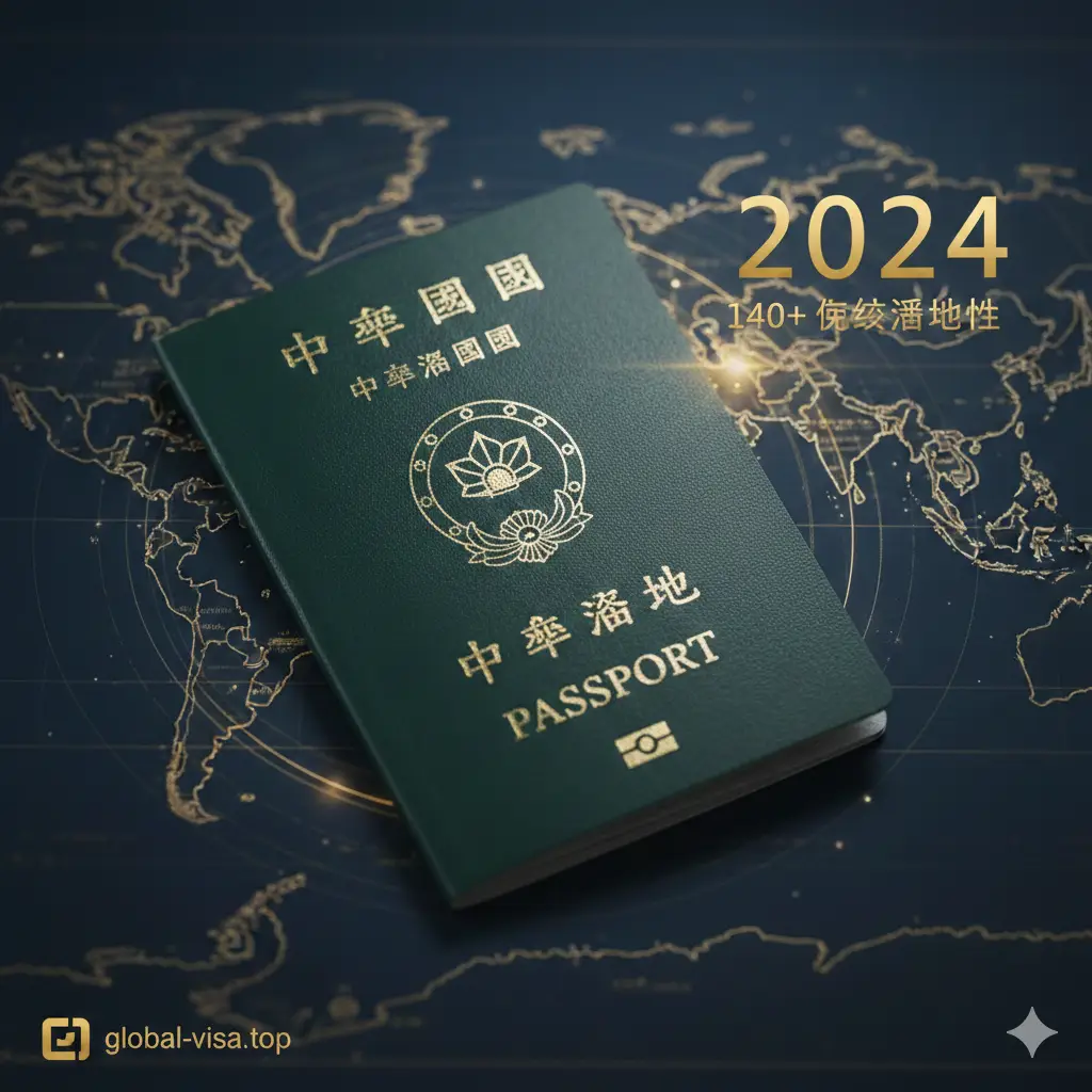 一张高质量的封面图。画面中央是一本深绿色的台湾护照(ROC Passport),放置在精美的世界地图背景上。背景色彩以深蓝色和金色为主,营造出高端、权威的国际旅行氛围。图片上方或侧方带有醒目的‘2024’和‘140+ 免签目的地’的数字标识。构图采用微距视角,景深浅,护照纹理清晰,光影柔和且富有质感,符合global-visa.top的专业品牌形象。