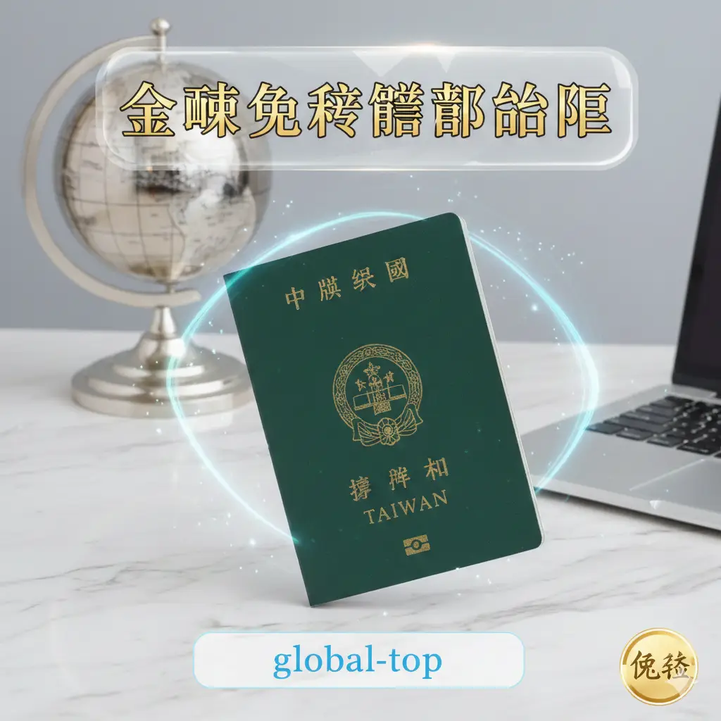 一张极具现代感的封面图，画面中央特写一本深绿色的中华民国（台湾）护照，护照放置在干净的白色大理石桌面上。背景装饰有精美的地球仪和一台轻薄的笔记本电脑。整体色调明亮清新，采用浅蓝色与金色的光影点缀，展现出高端、专业的旅行氛围，构图采用对角线分布，视觉焦点集中在护照封面的烫金字体上。