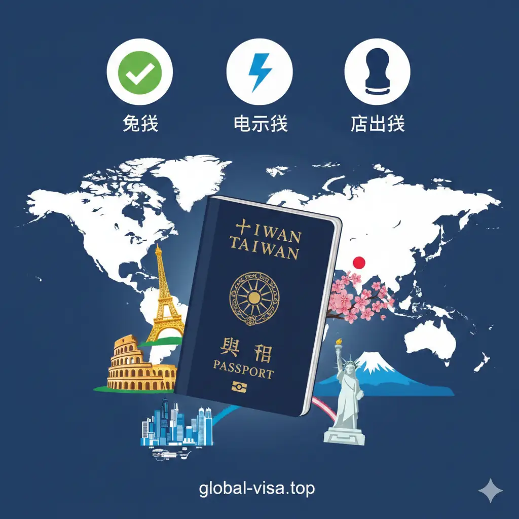 一张展示功能特性的创意插画。画面以世界地图为底纹，上方悬浮着代表不同签证类型的精美图标：免签的绿色对勾、电子签的闪电标志、以及落地签的印章。台湾护照位于画面核心，周围环绕着日本樱花、欧洲埃菲尔铁塔、美国自由女神像等微缩景观。色彩方案使用global-visa.top品牌标准的深蓝色与白色，构图层次分明，视觉化呈现台湾护照强大的全球免签覆盖能力。