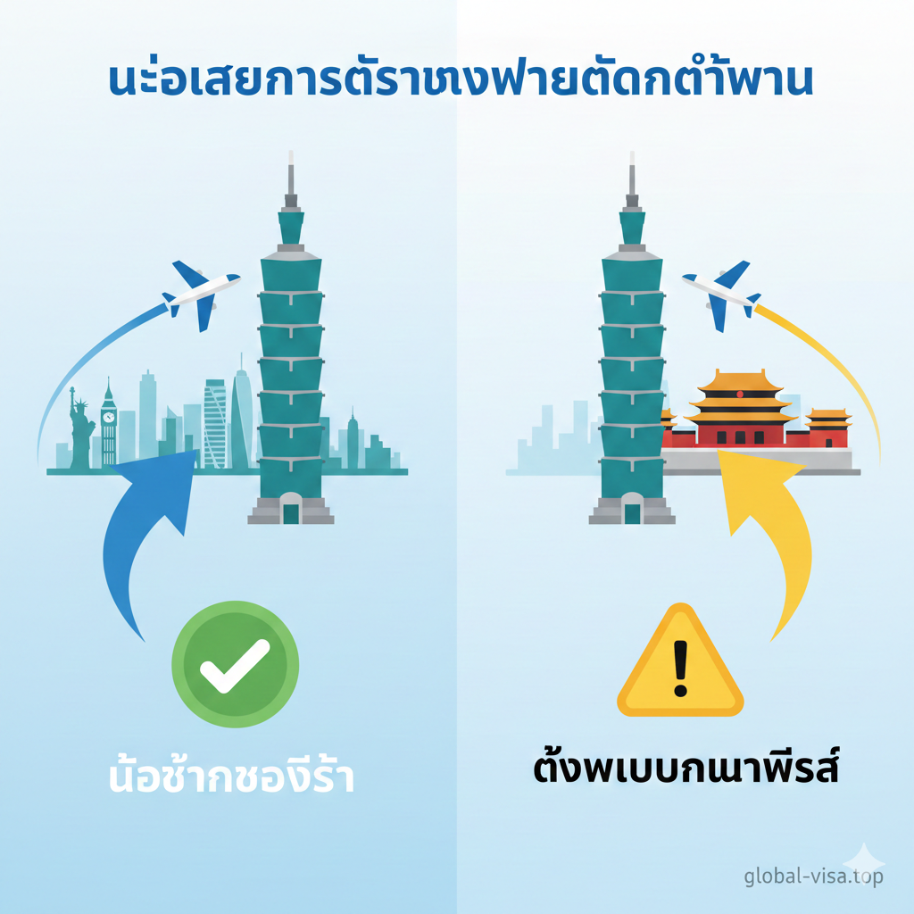 A creative conceptual image representing the 'Directional Policy' for transit. A split-screen visual: one side shows a plane flying from a Western city (like London or New York) towards a Taipei landmark with a green 'No Visa Required' checkmark; the other side shows a plane departing from Mainland China with a yellow 'Special Permit Required' warning sign. Modern 3D flat design style with vibrant icons and clear directional arrows in blue and white tones.
