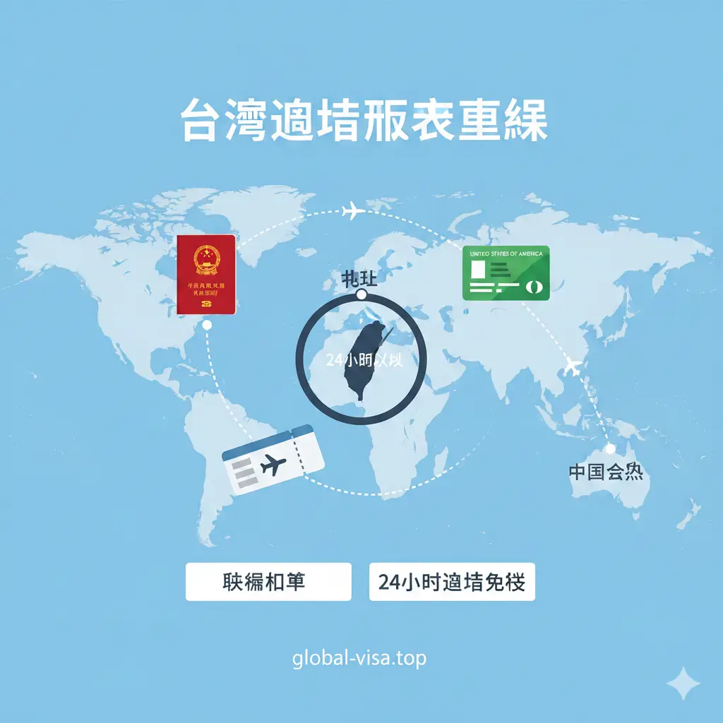 采用扁平化设计风格的信息图。画面中心是一个放大的时钟，指针指向24小时以内，周围环绕着中国护照、美国绿卡和机票的图标。背景是淡蓝色的世界地图，航线连接美国、台北和中国大陆。风格简洁、专业，色调清新，重点突出‘联程机票’和‘24小时过境免签’的核心功能特点，让读者一眼看清政策要点。