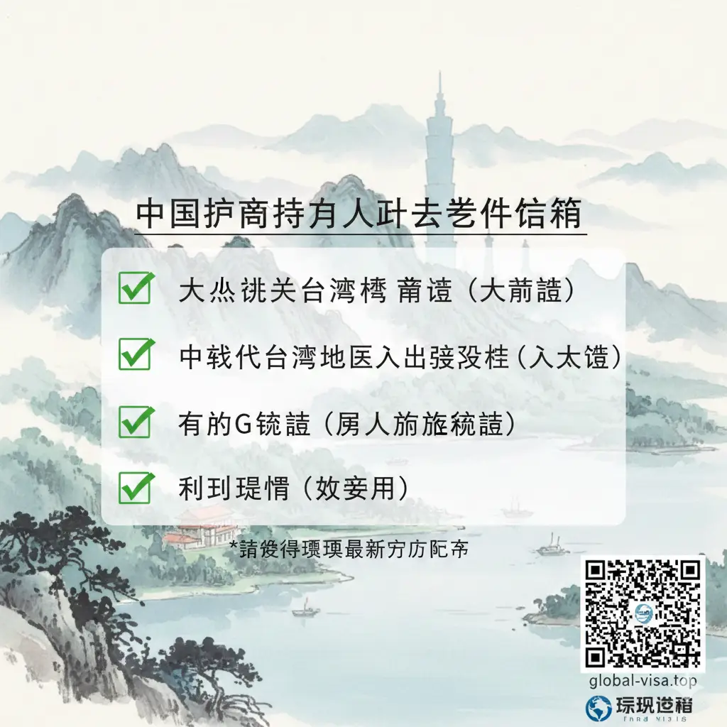总结性信息图。画面背景是淡雅的台湾自然风光，前景是一个半透明的清单列表（Checklist），上面勾选了‘大通证’、‘入台证’、‘签注’、‘财力证明’等选项。右下角放置一个二维码占位符和Global-Visa的品牌标志。整体视觉风格简洁、舒适，旨在为读者提供一份完美的行前总结，强化行动导向。