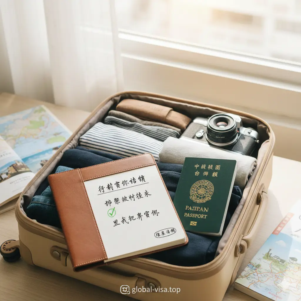 一张温馨的旅行总结提醒图。画面展示一个整理好的旅行箱，箱子旁放着台湾护照和一张写有‘Checklist’的记事本。记事本上画着勾选符号，提醒核对护照效期与回程机票。构图采用俯拍角度，色调柔和温暖，给人一种旅程即将开始的喜悦感与严谨的准备感，完美契合文章末尾的注意事项与FAQ总结。