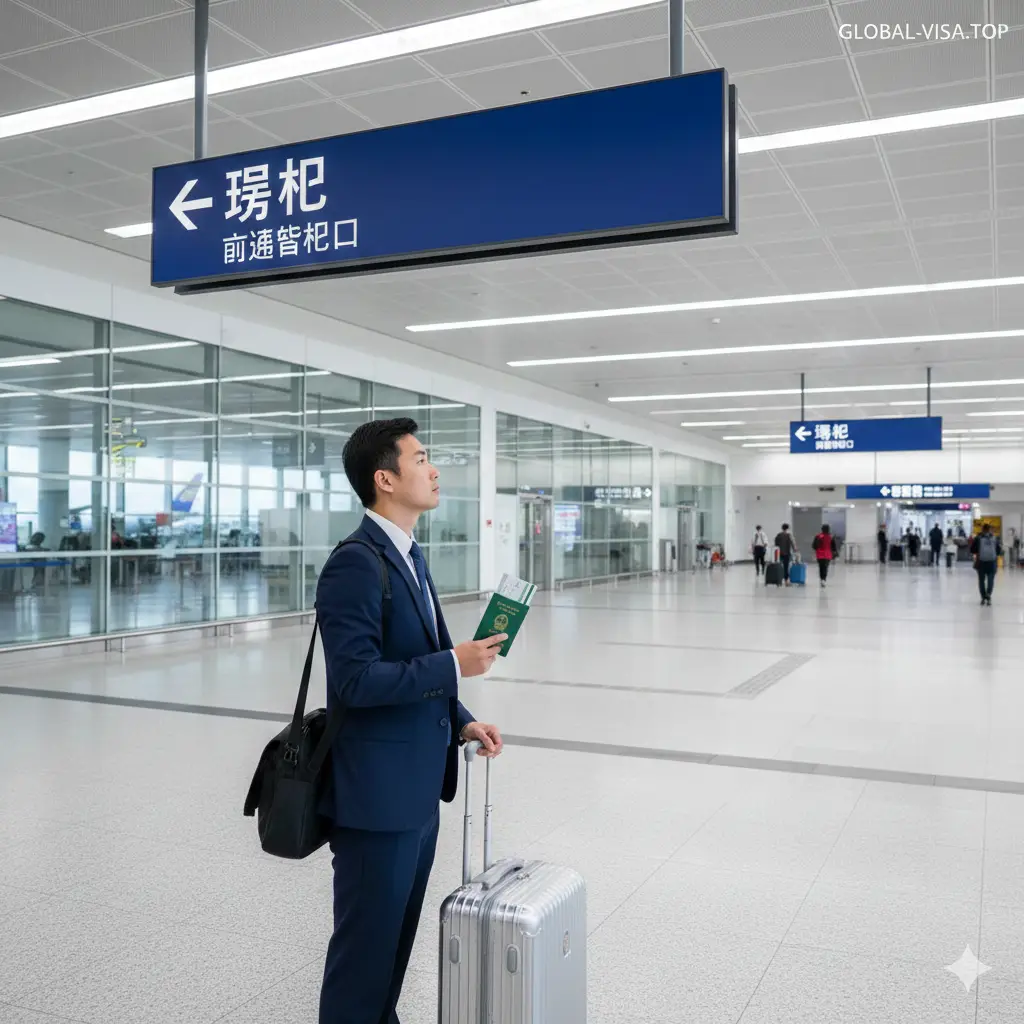 一张实景风格的教程引导图。展示台湾桃园机场内部明亮的转机大厅，画面中景是清晰的‘Transfer/转机’中英文指示牌。一名拖着行李箱的商务旅客正在看向指示牌，构图采用引导线透视，引导读者从入境区转向转机通道。色彩自然，光线充足，传达出清晰、不迷路的流程导向感，适合作为转机流程指南的视觉补充。