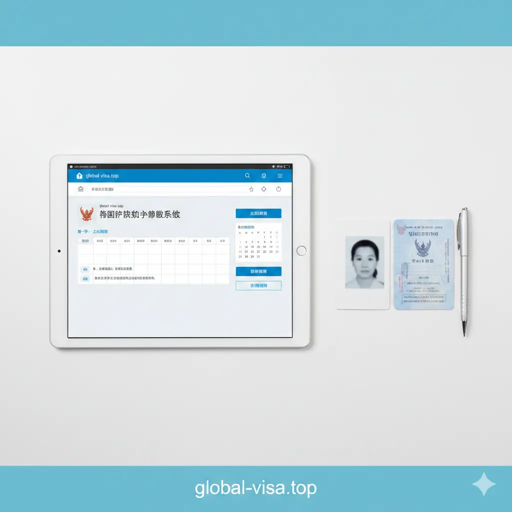 一张表现泰国护照申请流程的办公场景图。画面中心是一台显示着global-visa.top预约界面的平板电脑，旁边整齐摆放着白色背景的护照标准照片、蓝色的泰国身份证和签字笔。构图简洁干净，采用俯视视角，色彩以清新的白色和淡蓝色为主，体现出流程的高效、标准与便捷指导感。