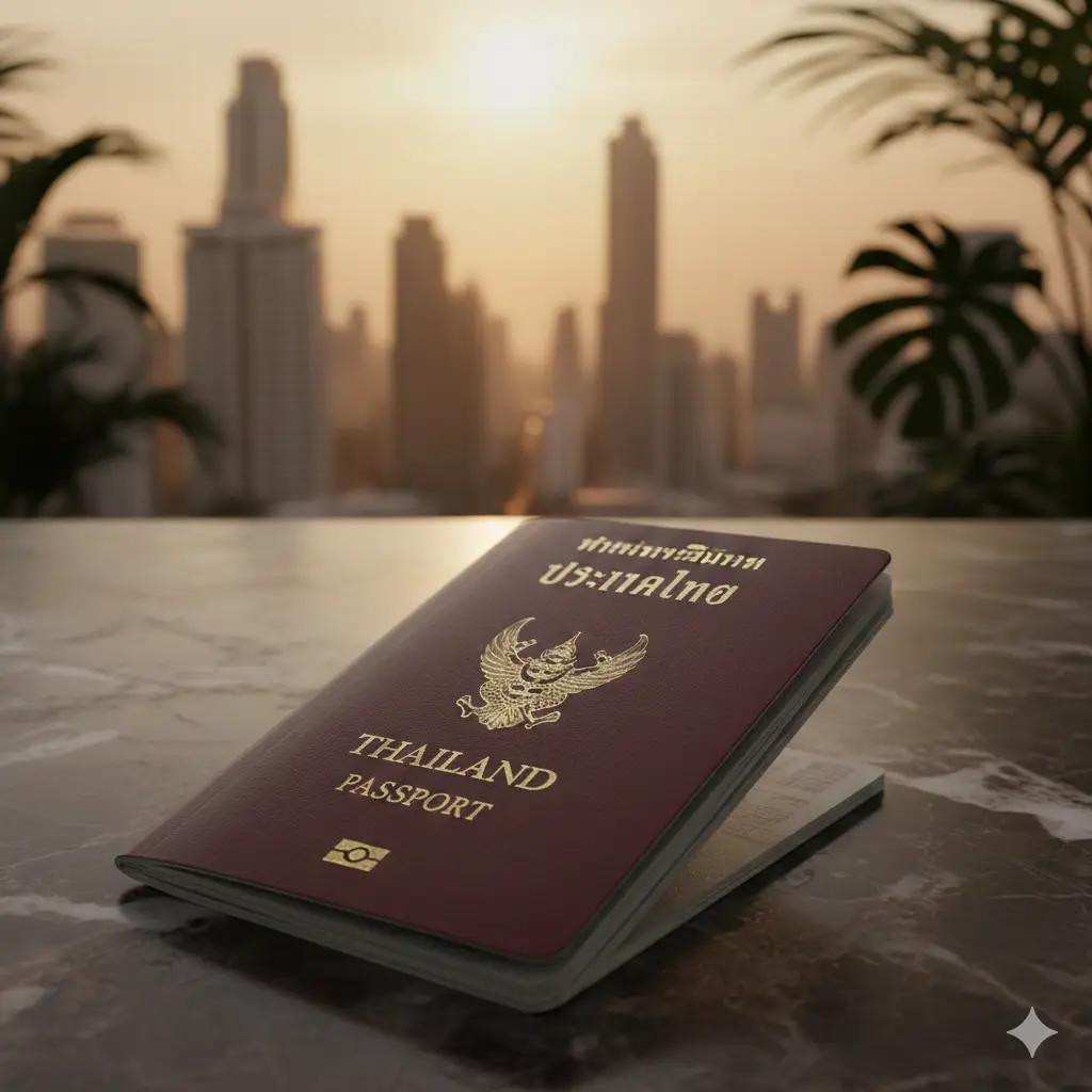一张高清的泰国护照封面特写，深红色封面上金色的泰国国徽（大鹏鸟）清晰可见。护照放置在质感十足的深色大理石桌面上，背景点缀着模糊的曼谷城市天际线和热带植物。整体色调温暖且具有商务感，构图采用对角线分布，光线柔和地打在护照的金属压印上，展现出权威与国际化的视觉风格。