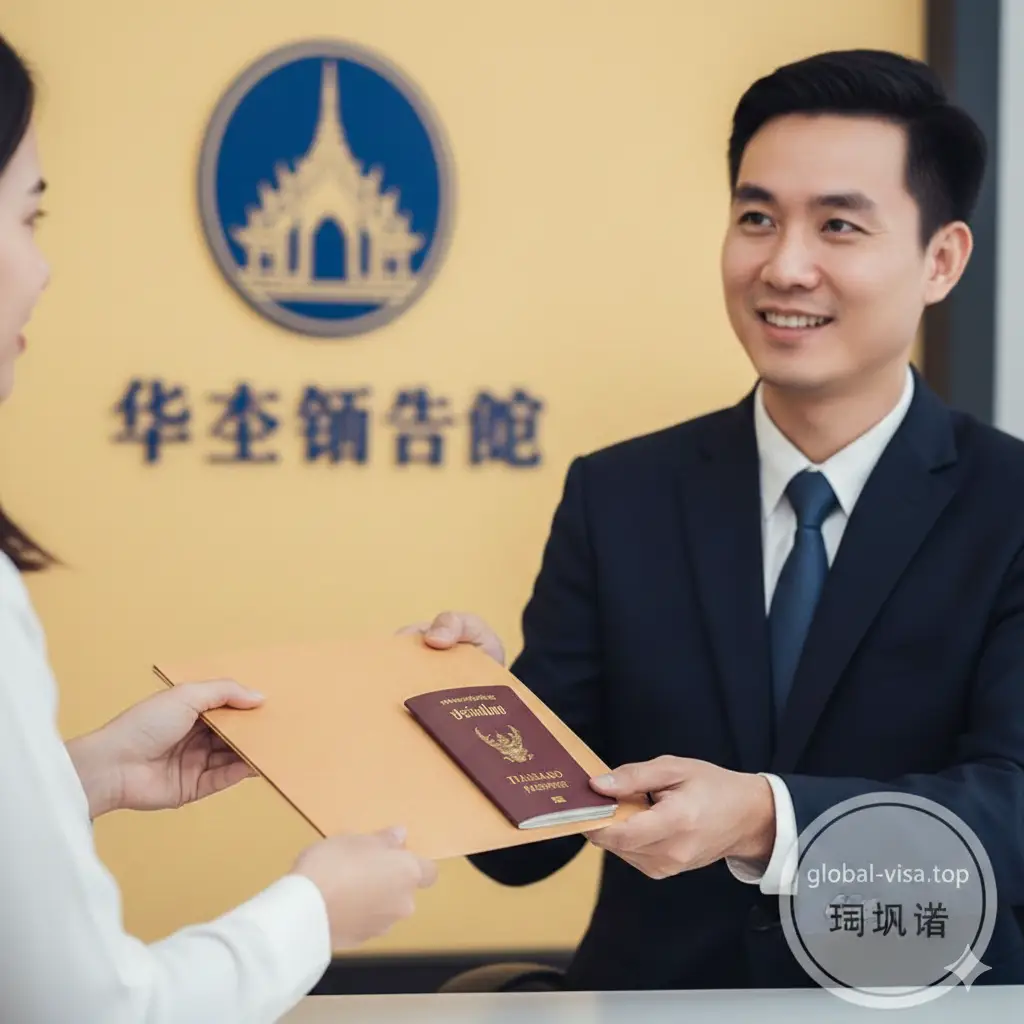 一张总结性的商务咨询场景图。画面展示一名专业顾问在华泰领事馆背景下，向客户递交整理好的泰国护照申请文件。画面焦点在于专业的文件袋和护照一角，背景虚化处理以突出温馨的咨询氛围。构图稳定，色彩和谐，右下角带有含蓄的服务标识感，给人以可靠、专业的收尾印象。