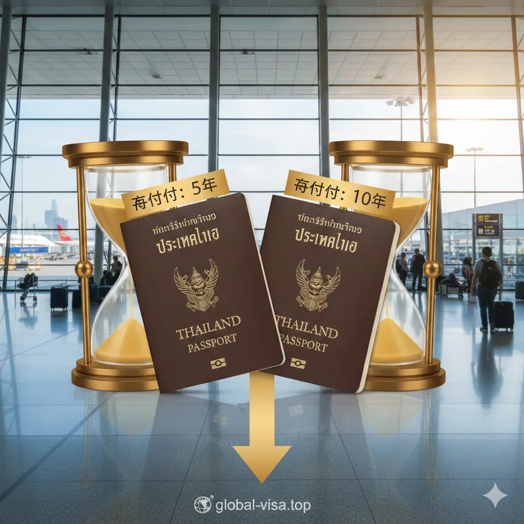 一张展示5年期与10年期泰国护照优势对比的视觉图。画面中并排展示两本精致的护照，背景是现代化的国际机场航站楼，阳光透过巨大的玻璃幕墙洒下。画面中加入抽象的时间沙漏元素，象征长效期带来的便利。色调明亮、充满活力，传达出拥有该护照在国际旅行中的身份优势和长期保障。