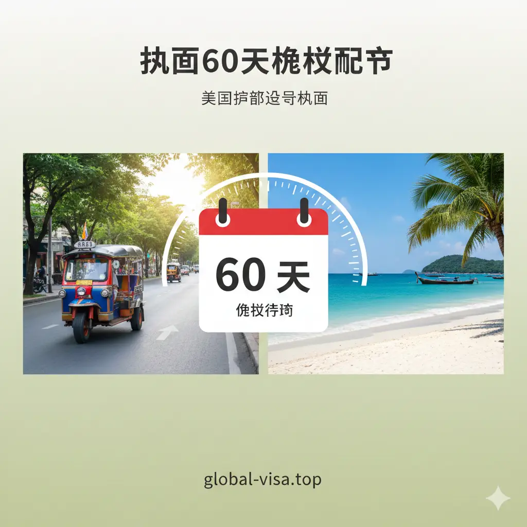 一张展示泰国60天免签政策的功能性图片。画面中心是一个醒目的日历或数字刻度，明确标注出‘60 DAYS’字样。