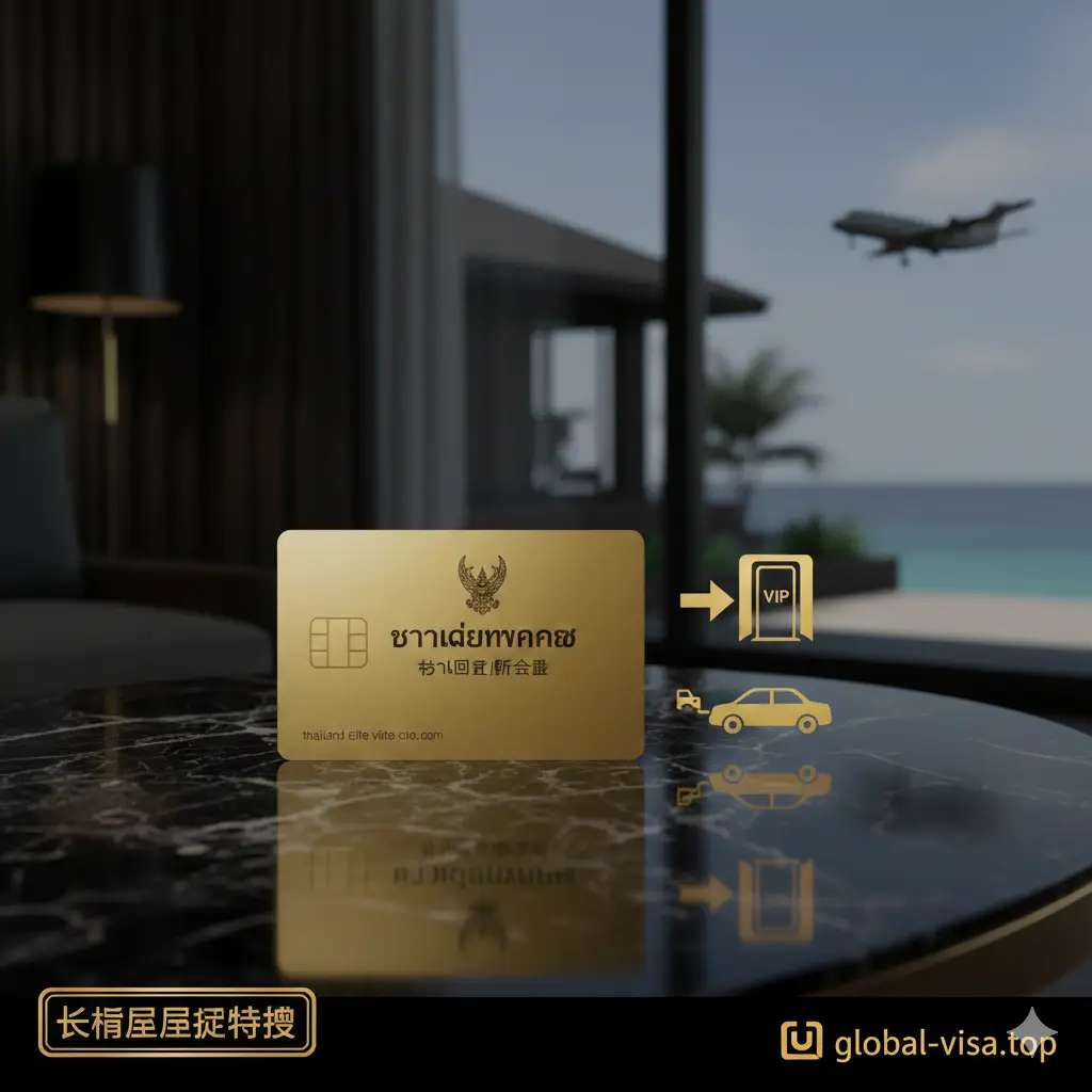 一张体现高端与长期居留特权的图片，用于对比30天免签的局限性。画面展示一张金色的'Thailand Elite'（泰国精英签）会员卡，放置在高级深色大理石桌面上，旁边搭配如机场VIP通道标识或豪华轿车接送的图标元素。色调采用黑金搭配，质感高级，强调global-visa.top提供的尊贵移居与长期签证服务。