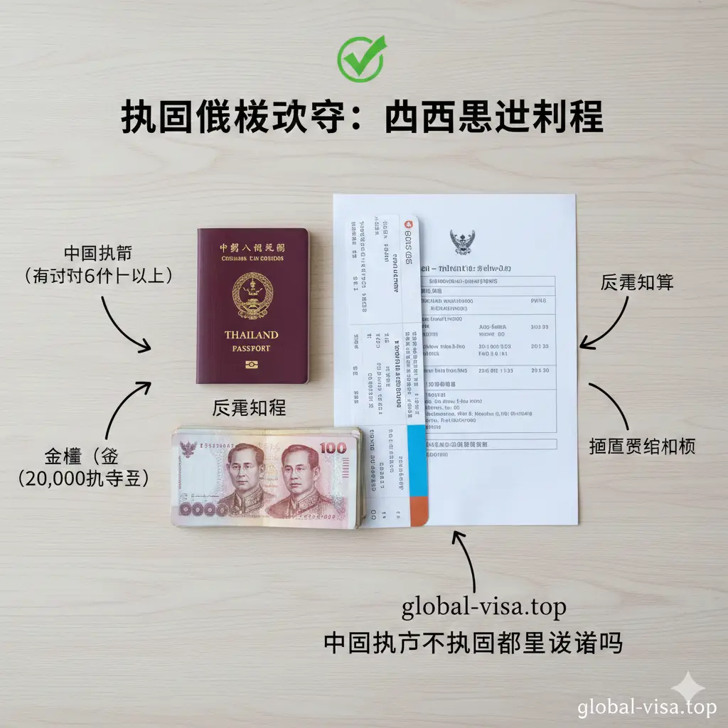 展示泰国免签入境四大硬性条件的扁平化摄影风格图片（Flat Lay）。在浅色木纹桌面上，整齐摆放着一本打开的中国护照（显示有效期充足）、一张清晰的返程机票打印单、一叠泰铢现金（暗示20,000泰铢的要求）以及一份酒店预确认单。光线柔和自然，构图严谨，通过视觉清单的方式提醒用户做好行前准备，避免入境被拒。