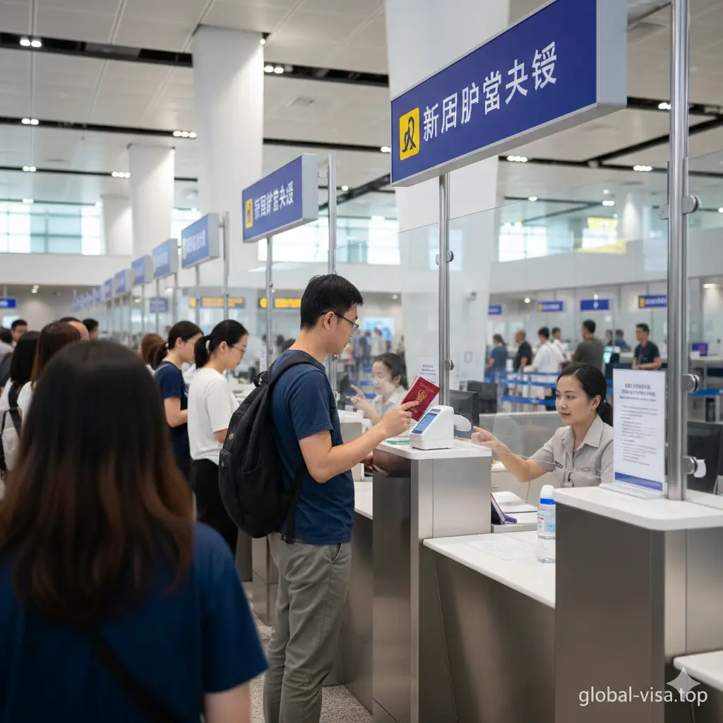描绘泰国机场入境移民局柜台的场景插图或写实图片。视角为排队等待的旅客，前方是现代化的素万那普机场移民局检查台，指示牌上写着'Foreign Passport'。一名持有中国护照的旅客正在配合录入指纹或进行面部扫描。画面风格专业、清晰，重点突出通关流程的顺畅与秩序，帮助用户预演入境场景。