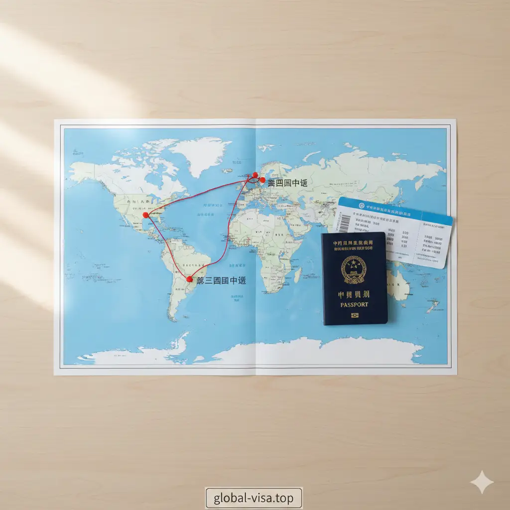 清新明亮的俯拍视角(Flat lay)桌面摄影。在整洁的木质办公桌上,摆放着一张世界地图、一张飞往第三国(如泰国或新加坡)的机票、一本护照以及一张居留卡。一根红色的旅行规划线或图钉清晰地标记出从中国出发、经停第三国、再前往目的地的“中转路线”。光线自然柔和,画面构图井然有序,视觉上直观地解释了如何通过合规中转来规避直飞风险的操作流程。