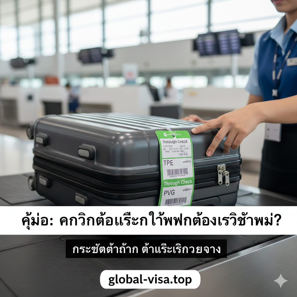 A detailed close-up tutorial style image focusing on airport luggage handling. It shows a suitcase with a 'Through Check' (Direct-to-Final-Destination) luggage tag being placed on a conveyor belt. A friendly ground staff member's hands are visible pointing at the tag which displays codes like TPE and PVG. Soft focus on the background airport counter. Clear, instructional composition with bright, natural lighting to emphasize the importance of luggage direct-hanging.