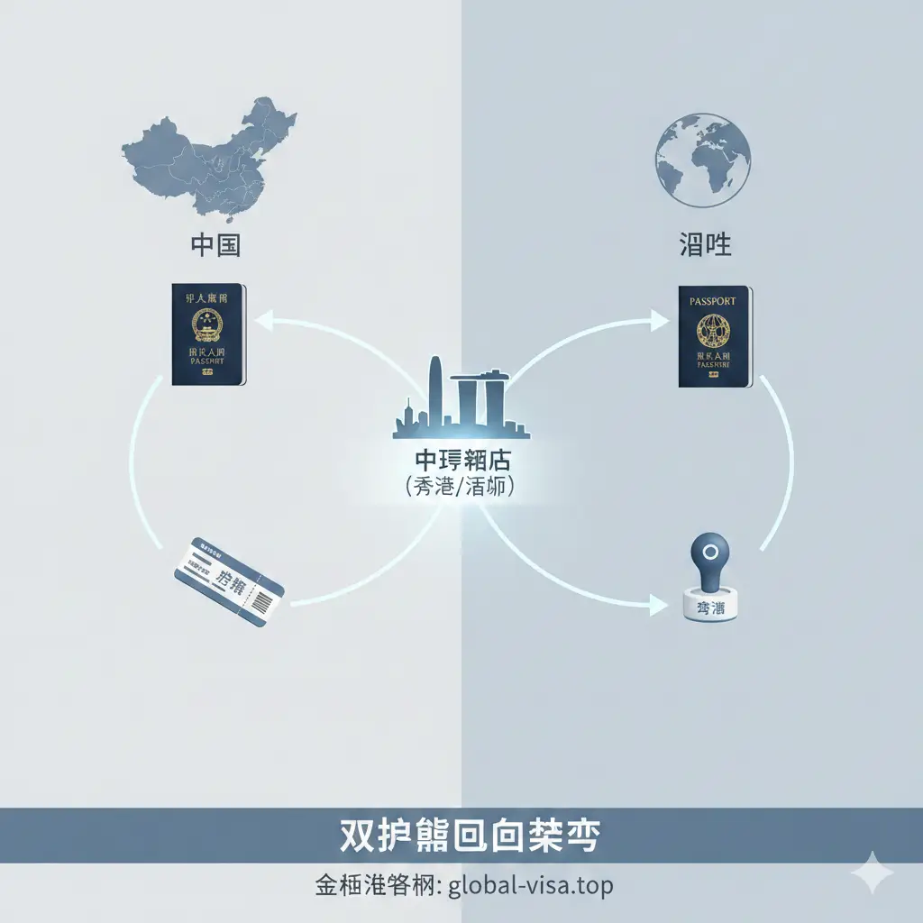 展示‘身份隔离’核心逻辑的功能示意图。画面采用极简主义风格，左侧代表中国，右侧代表目的地，中间通过一个发光的节点（如香港或新加坡标志性建筑缩影）相连。两本护照分别位于路径的两端，中间有光束线条连接。背景干净，以浅灰和淡蓝色为主，使用3D图标展示登机牌和通关印章元素，强调流程的逻辑性与合规性。