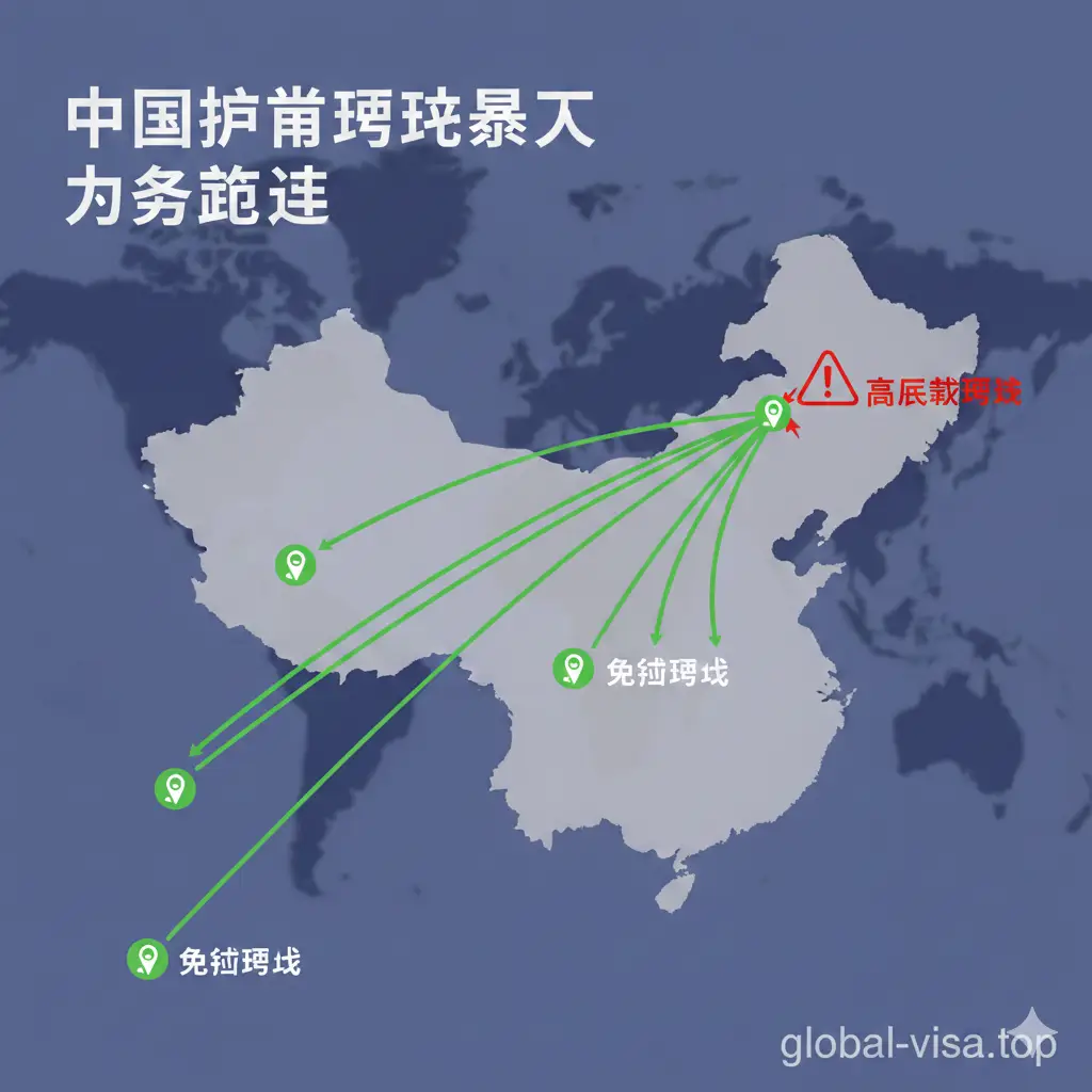 一张展示转机路线优势的对比图。背景是一张朦胧的世界地图，重点勾勒出从中国飞往巴西的不同航线。画面通过绿色高亮标注出经由迪拜、多哈等地的‘免签转机’优势路线，并用醒目的警告标志提醒美国转机的风险。色彩对比鲜明，利用冷色调背景突出航线路径，整体设计具有很强的指引性和实用性。