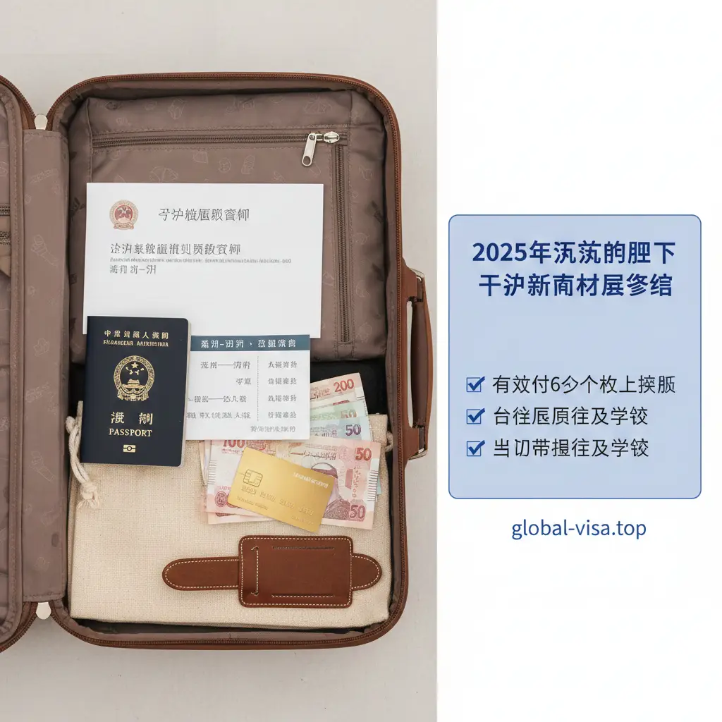 温馨的总结性配图，展示旅行准备清单。画面中有一个打开的时尚旅行箱，里面整齐放着护照、酒店预订单、打印好的机票、国际信用卡及少许迪拉姆现金。整体构图采用俯拍角度（Flat Lay），光线自然温馨，右侧留白处具有总结归纳的视觉意象，完美契合global-visa.top的专业咨询形象。