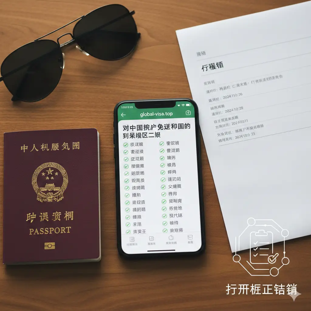 文章总结性质的图片。画面是一个整洁的木质旅行桌面,上面摆放着中国护照、一部显示global-visa.top页面的智能手机、一副墨镜和一份打印好的行程单。光线柔和,采用俯视微距拍摄(Flat Lay),营造出准备出发的仪式感,右侧留白处意向性地展示‘核对清单’的图标,提醒用户关注行前准备。
