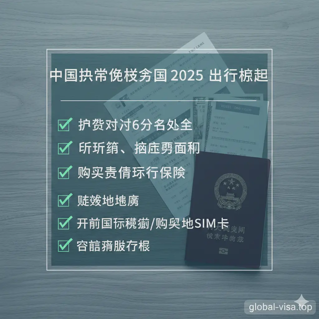 文章总结性质的视觉清单图。画面背景是一个干净的旅行桌面，放着护照、机票行程单、酒店预订件和少量美元现金。图层覆盖一层半透明的磨砂质感，总结了‘护照有效期6个月’、‘打印订单’、‘入境保险’等核心提醒。色调采用平稳的冷灰色和蓝绿色，构图为俯拍（Flat Lay）风格，给人以严谨、细致的收尾印象，引导用户在出发前进行最后核对。