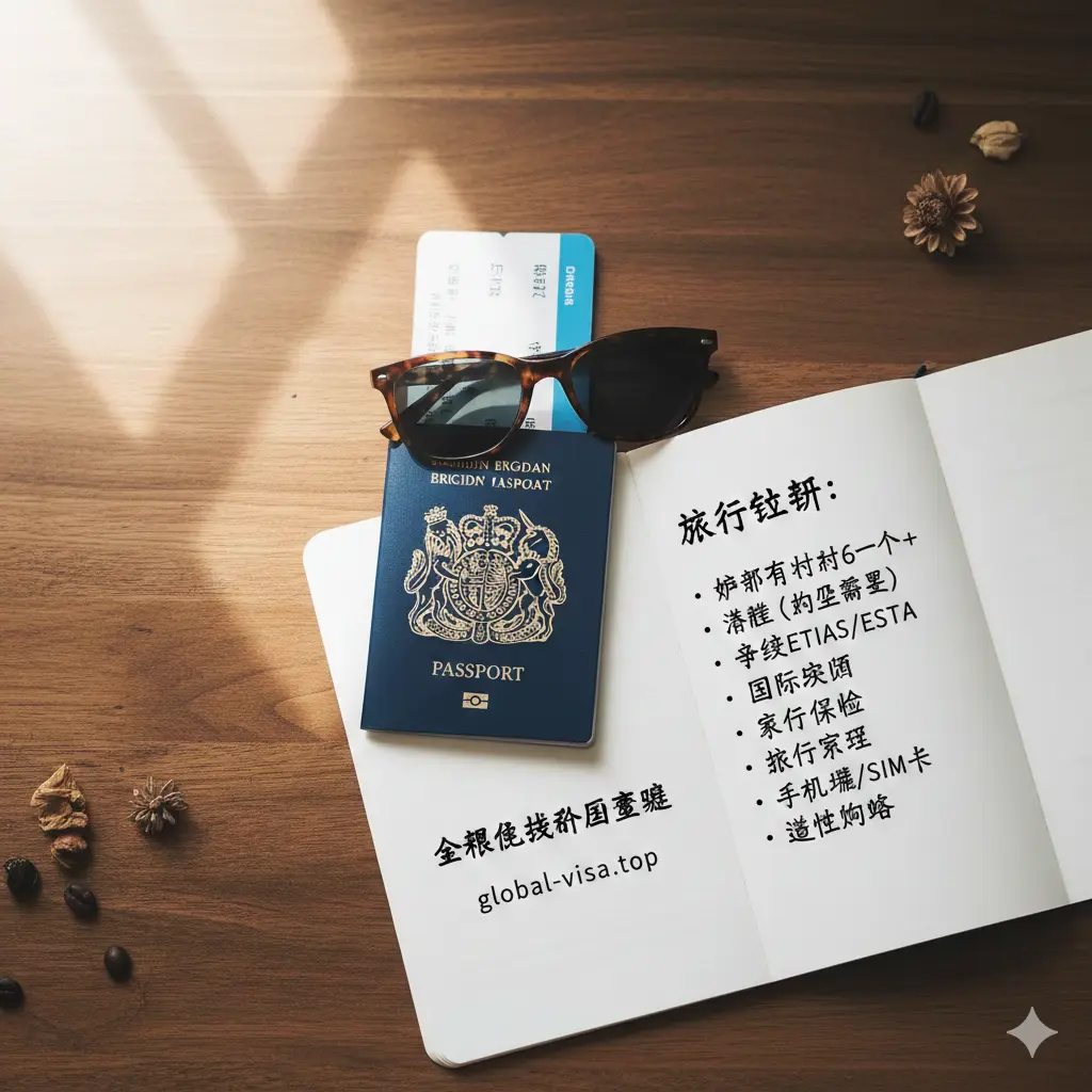一张充满生活气息的俯拍图（Flat lay），营造出整装待发的氛围。木质桌面上摆放着一本英国护照、一张登机牌、一副太阳镜，以及一本翻开的记事本。记事本上用手写体列出了'旅行清单'，清晰可见'护照有效期6个月'、'申请ETIAS/ESTA'等关键字样。柔和的自然光线洒在桌面上，既总结了文章的核心建议，又激发了用户对即将到来的全球旅行的期待。