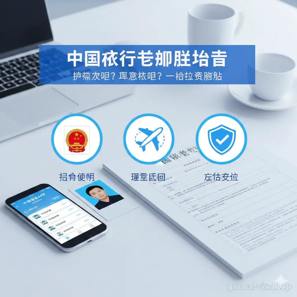 功能展示图。画面展示了办理中国旅行证的关键核心要素。背景是一个整洁的办公桌面，放置着智能手机（屏幕显示‘中国领事APP’界面）、标准的证件照、以及办理所需的纸质申请材料。画面中央使用扁平化图标标注出‘身份证明’、‘紧急回国’、‘合法有效’三大核心功能。色彩明亮清晰，以蓝白色调为主，传达出办事流程的高效与透明感，适合全球华人理解。