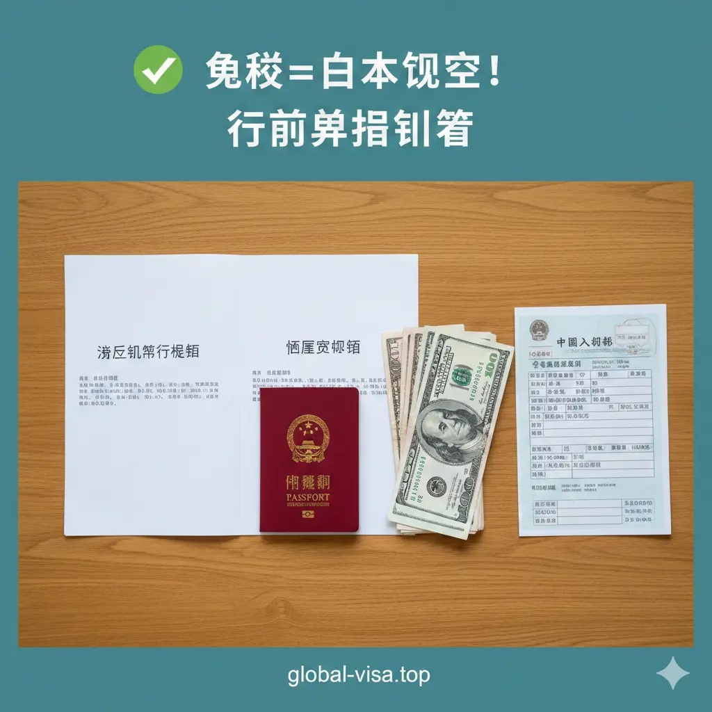 一张清晰的入境准备教程图。画面以俯拍视角展示在整洁的桌面上的旅行必备清单:中国护照、打印好的往返机票行程单、酒店确认单、一叠外币现金以及一张填写好的入境卡。色彩自然明亮,构图整齐,采用扁平化实拍风格,旨在直观地告诉读者‘免签不等于白本入境’,需要准备的具体材料,具有很强的指导意义。