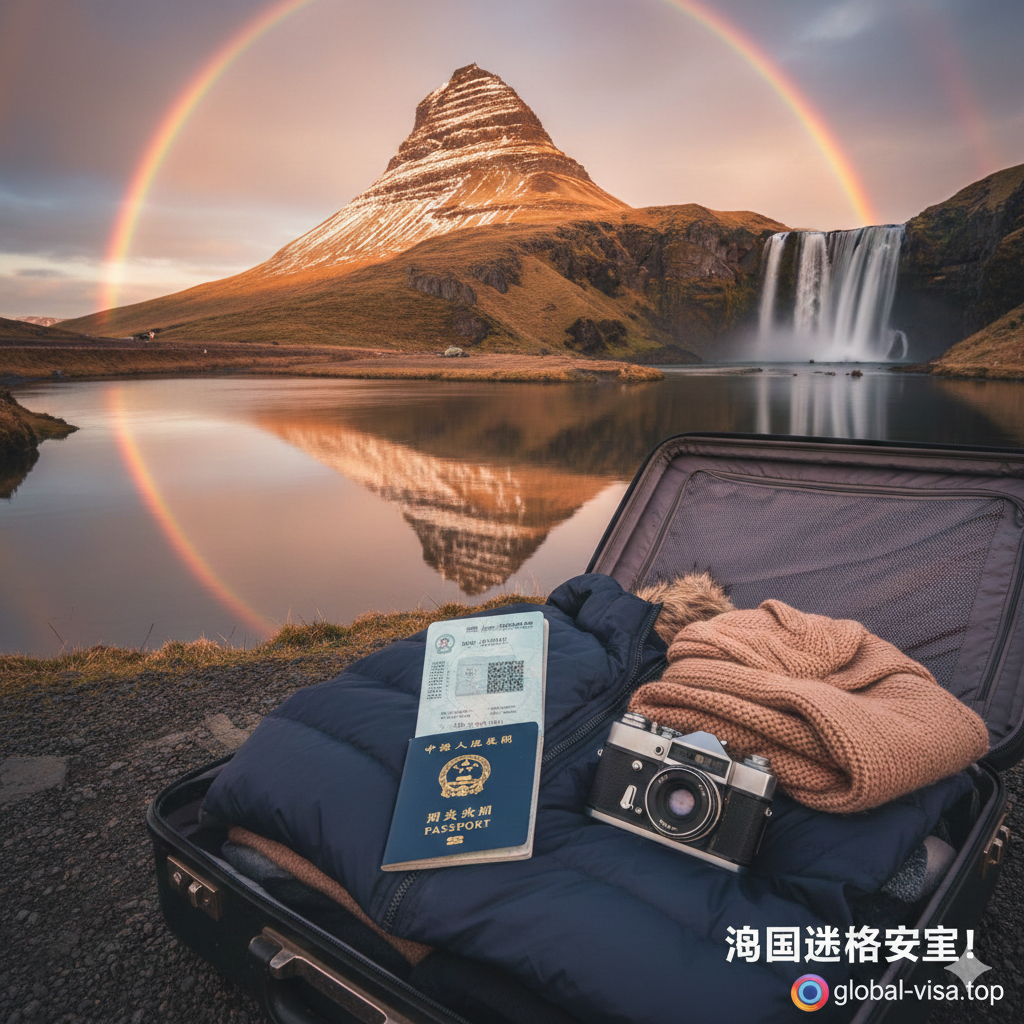 一张充满旅行憧憬的总结性图片。画面展示了一个打开的行李箱，上面放着一本打开的护照，清晰可见申根签证页，旁边配有冬季保暖手套和相机。背景是壮丽的冰岛草帽山（Kirkjufell）或瀑布景观，色彩鲜艳明亮，寓意签证办理成功，即将开启一场精彩的冰与火之国奇幻之旅。
