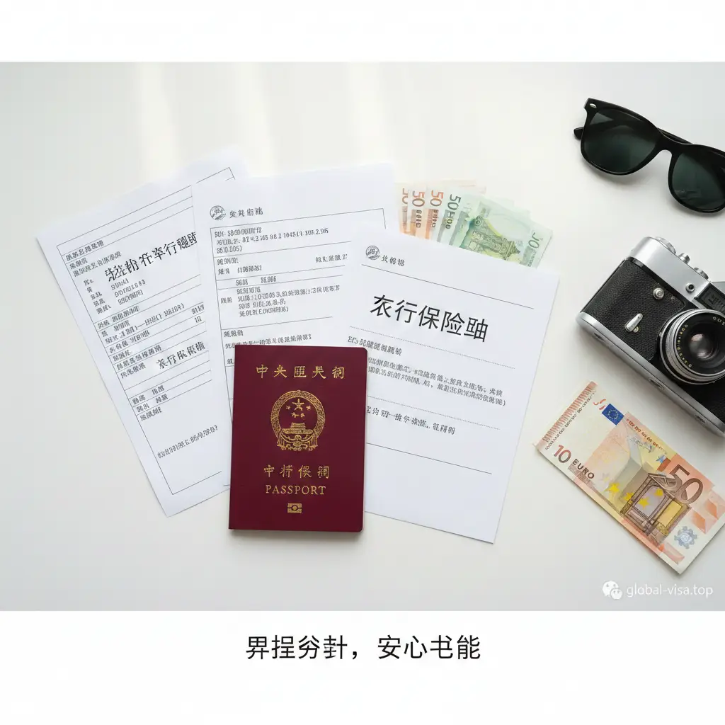 一张整洁的平铺（Flat-lay）风格摄影图，放置在白色的极简风格桌面上。画面中整齐排列着旅行必备物品：一本中国护照、打印好的往返机票行程单、酒店预订确认函、一份写有'Travel Insurance'字样的保险单据以及少量外币现金。