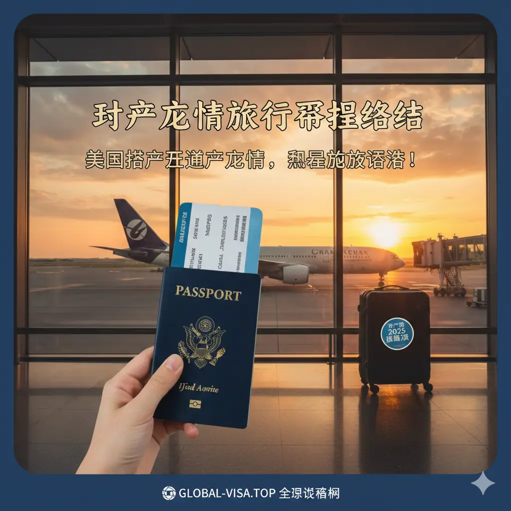 作为文章结尾的总结性图片,营造蓄势待发的旅行氛围。画面显示在现代化的机场候机楼窗前,一只手拿着美国护照和登机牌,背景是停机坪上的飞机。行李箱上贴着一个'Argentina 2025'的贴纸。光线采用夕阳或日出的金色调,象征着旅程的开始,传达出准备充分、安心出发的情绪,呼应文章关于顺利入境的结语。