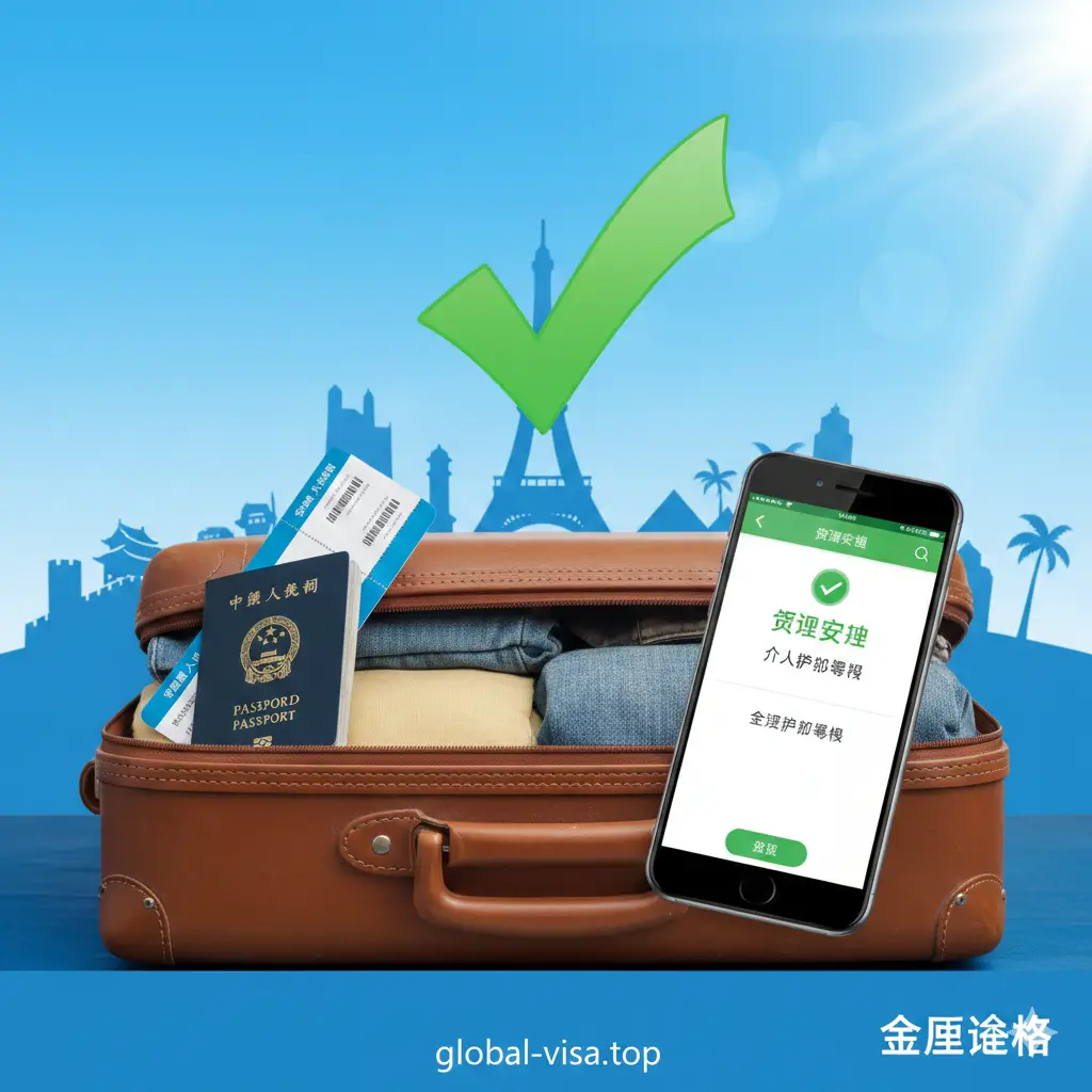 一张富有感染力的总结图片。画面展示一个收拾好的旅行箱，上面放着护照、登机牌和一部显示‘查询成功’字样的手机。背景是阳光下的著名世界地标剪影（如长城、埃菲尔铁塔）。视觉中心是一个绿色的对勾符号，象征问题已解决。整体构图宽阔，色彩鲜艳，给人以轻松愉快的感觉，引导用户完成查询后开始计划全球旅行。