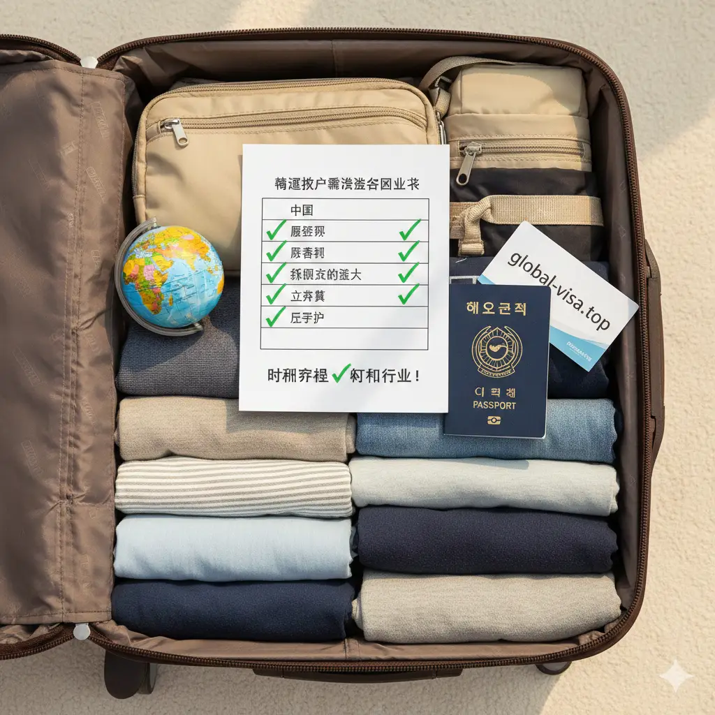 文章总结性质的视觉图片。画面展现一个收拾好的旅行箱，箱子上放着韩国护照和一份打印好的签证核对清单。清单上打着绿色的勾。构图从俯视角度拍摄，光线充足，充满即将出发的期待感。色彩温暖且富有活力，再次强调‘核对不免签名单’是完美旅行的最后一步，给人以安心和圆满的视觉反馈。