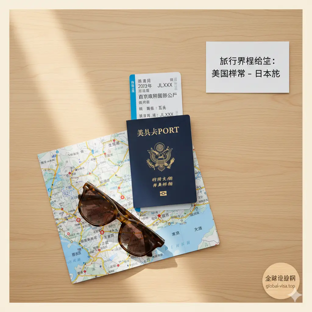 总结性质的静态特写。一张极简的旅行清单布置图，桌面上摆放着美国护照、一张前往东京的机票订单、一副墨镜以及一张日本地图。整体色调偏向温馨的暖色系，模拟旅行前的打包时刻。构图采用俯视角度（Flat Lay），光影自然，传达出准备充分后的从容与期待，为全篇攻略做完美总结。
