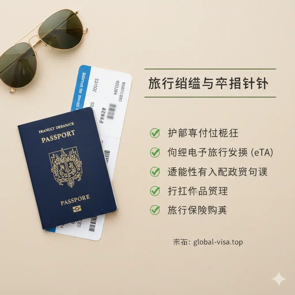 一张总结性质的视觉清单图。画面背景是一个带有纹理的淡雅平面，左侧放置着法国护照、登机牌和太阳镜。右侧是一份手写风格或精美排版的清单，列出了核实有效期、办理eTA、检查目的地政策等关键总结要点。画面色调温暖宜人，给人一种旅途圆满结束并为下一次出行做好准备的安心感，构图考究。