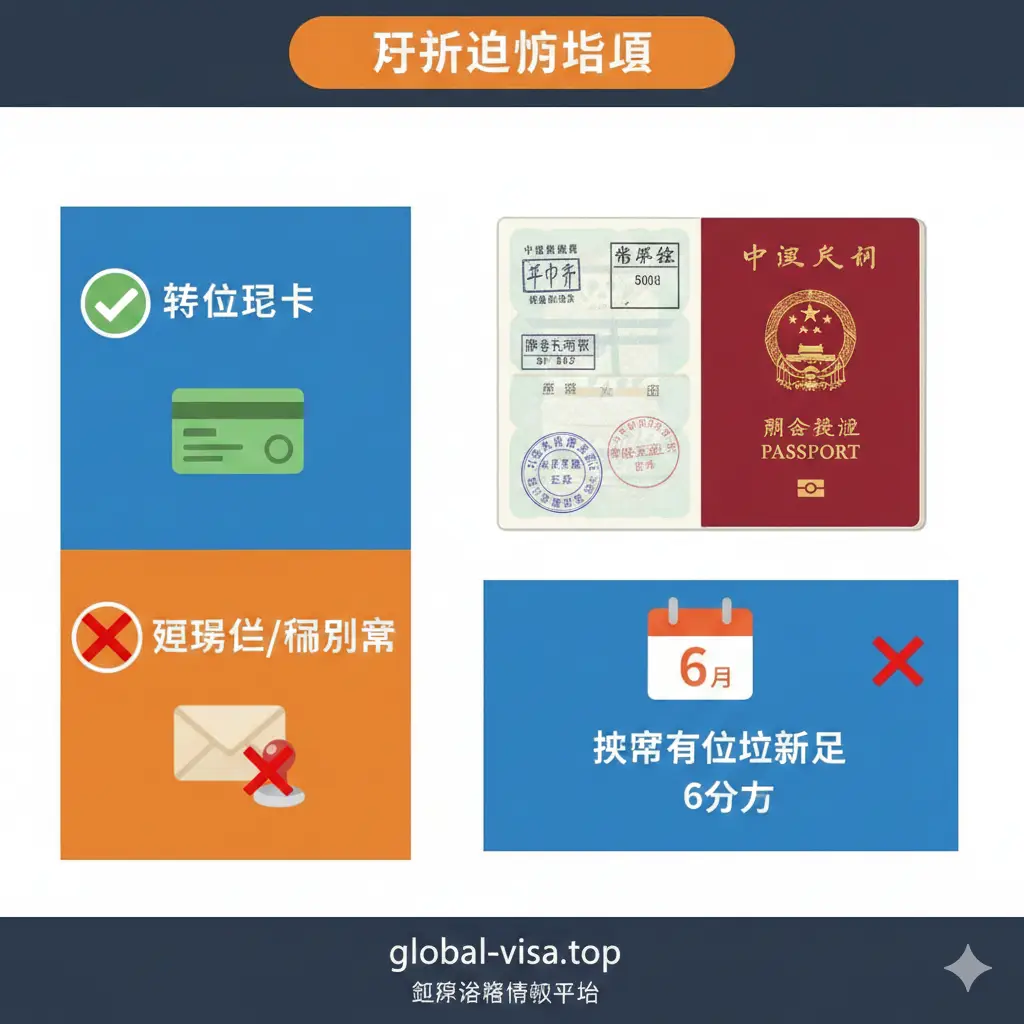 一张扁平化设计的避坑指南总结图。画面分为几个板块,用红色的叉号和绿色的对勾分别标记注意事项。左侧展示'实体绿卡'(打勾)与'延期信/临时章'(打叉)的对比;右侧展示一本打开的护照,日历图标高亮显示'6个月有效期'。色彩采用警示性的橙色与安全的蓝色搭配,旨在醒目地提醒用户注意隐形风险,确保合规出行。