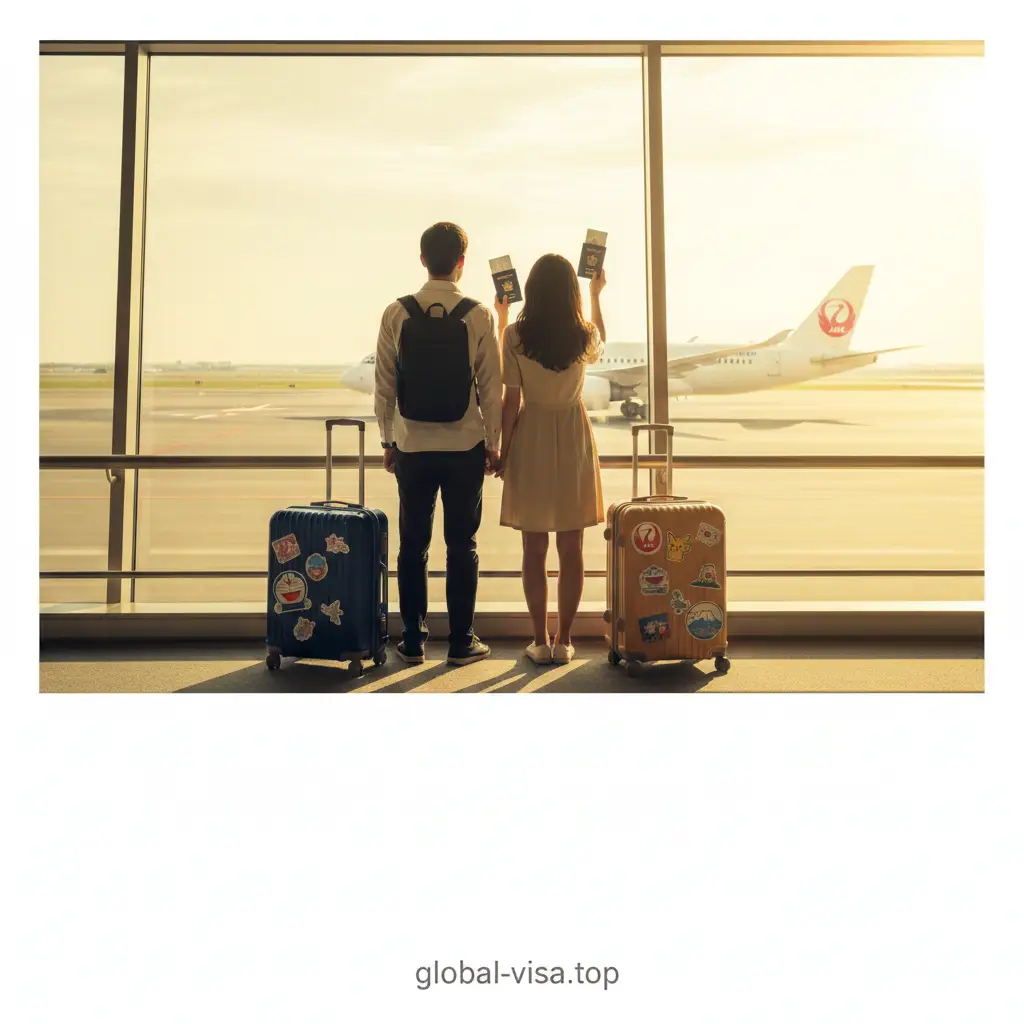 一张温馨的总结图。画面展示一对准备出发的旅客在机场候机厅的背影，他们手里拿着美国护照，行李箱贴着日本卡通贴纸，窗外是即将起飞的飞机。构图开阔，色彩充满阳光和活力。画面下方留白处理，暗示旅程的圆满开始。整体氛围轻松愉快，作为文章结尾，鼓励读者在做好VJW准备后开启完美的日本之旅。