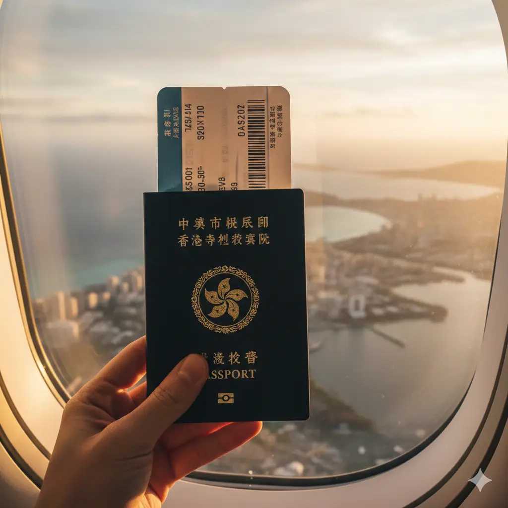 An inspirational travel photography shot taken from an airplane window view, overlooking a beautiful US coastline or city skyline (like San Francisco or Guam). In the foreground, a traveler's hand holds a Hong Kong passport and a boarding pass. The image evokes a sense of relief and excitement after successfully obtaining the visa. The lighting is golden hour, creating a warm, positive conclusion to the article.
