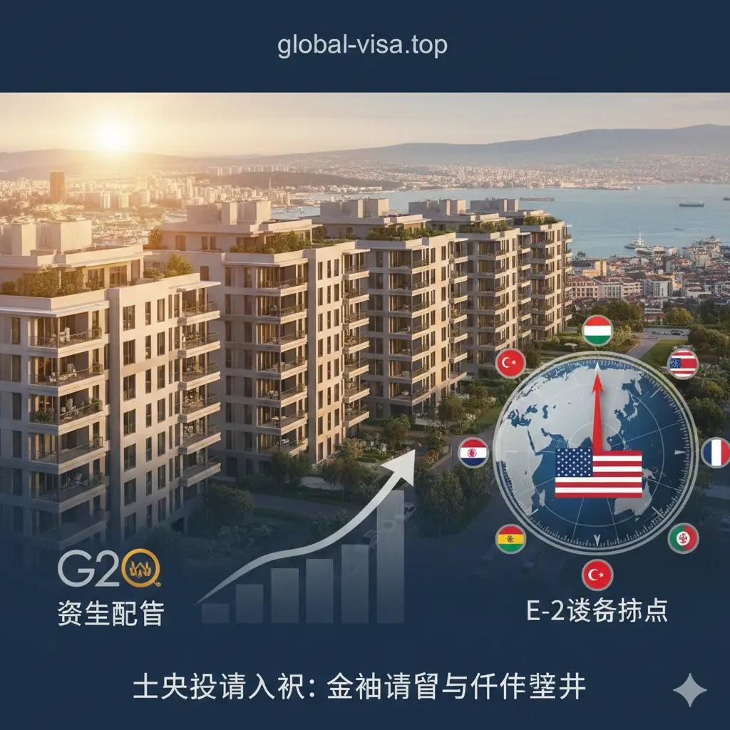 体现土耳其投资入籍优势的视觉图。画面融合了土耳其现代房地产建筑、象征G20大国实力的金融数据图表以及美国E-2签证的隐喻元素。色调温暖且富有活力，展现出资产配置与身份提升的双重优势。构图平衡，一边是繁华的土耳其城市景观，一边是象征国际机遇的罗盘。