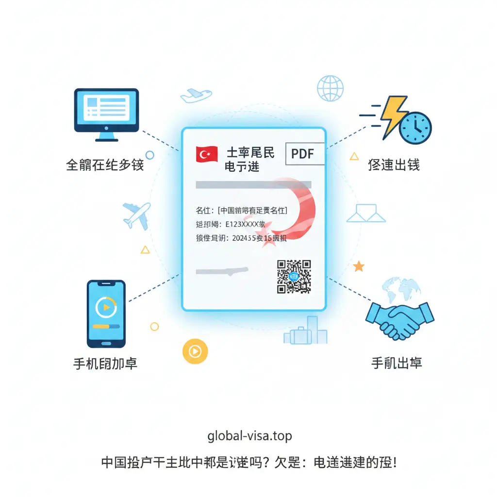 这张功能特性图片以现代扁平化插画风格呈现。画面展示了多个功能图标,包括‘全程在线申请’(电脑图标)、‘极速出签’(闪电与时钟图标)、‘手机端操作’(智能手机图标)。核心元素是一个发光的电子签证PDF样张,周围环绕着象征旅游和商务的元素。色彩清新,采用白色背景搭配科技感的蓝色和青色,视觉结构清晰,重点突出土耳其电子签办理的高效与便捷性。