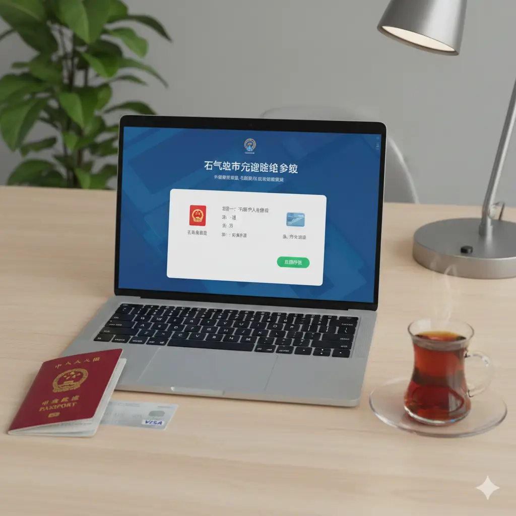 展示土耳其电子签证（E-Visa）便捷性的现代科技风格图片。画面中央是一台打开的笔记本电脑或智能手机，屏幕上清晰显示土耳其电子签证官方申请界面的简化UI元素。旁边摆放着一本中国护照、一张国际信用卡（Visa或Mastercard）以及一杯土耳其红茶。光线明亮洁净，采用俯拍或等距视角，强调'在线申请、无需跑腿'的数字化特征，背景为极简的办公桌面。