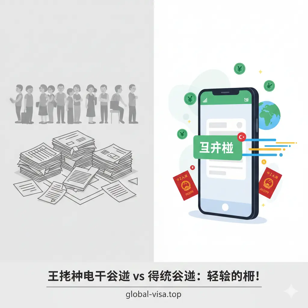 对比风格的概念插图，展示电子签证的优势。画面左侧用灰暗色调描绘传统签证的繁琐，如堆积的文件和排队的人群；画面右侧用明亮鲜艳的色彩描绘电子签证的轻松，一个手机屏幕弹出'Approved'（已批准）的绿色通知，旁边飞舞着几个代表速度的动态线条和美元符号（暗示费用低廉）。视觉重心在右侧，强调省时、省钱、门槛低的特点。