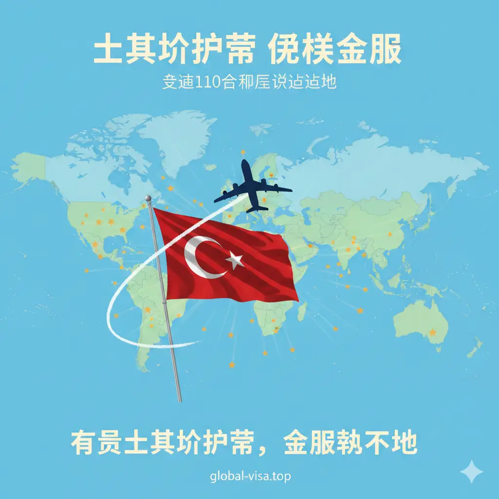 总结性图片。画面中心是一个飞往远方的飞机剪影，航迹线绕过土耳其国旗。背景是世界各大洲的地图轮廓，并点缀着代表110多个免签国家的金色星标。整体色彩明亮且充满希望感，文字排版留白合理，传达出‘拥有土耳其护照，全球触手可及’的总结性视觉信息。