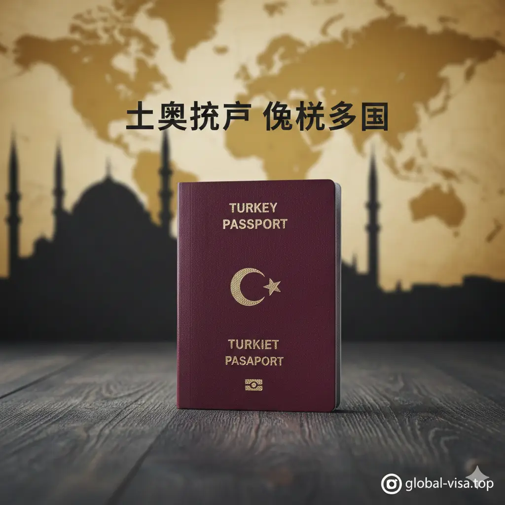 一张高品质的封面图，画面中心是一本暗红色的土耳其护照，金色国徽醒目。护照放置在质感十足的实木桌面上，背景是模糊的全球地图及土耳其伊斯坦布尔蓝色清真寺的剪影。光影柔和，侧光增强质感，呈现出一种高端、商务且专业的旅行气息，色调以土耳其红、暗灰和金色为主。