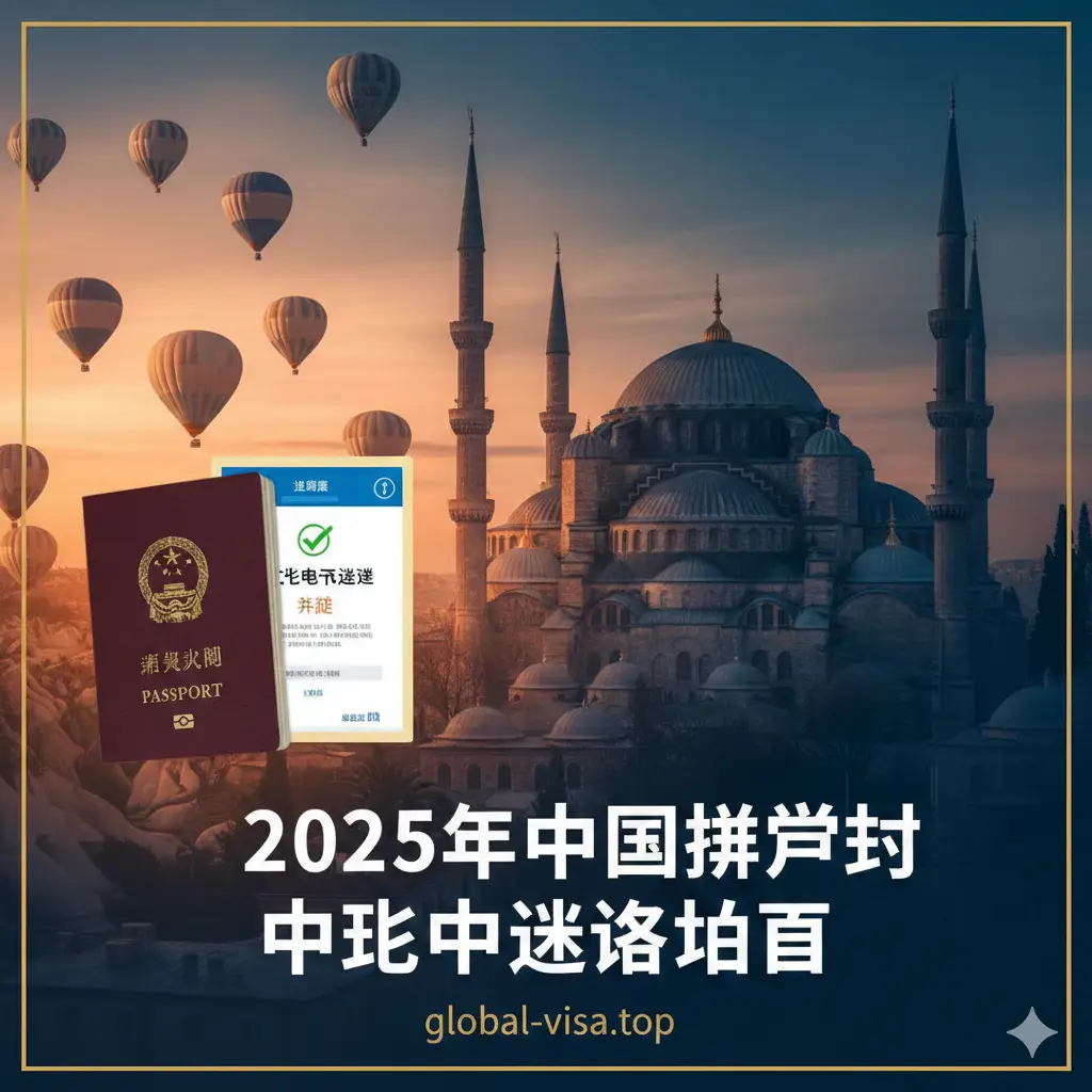 这张封面图采用大气且具有视觉冲击力的设计。背景融合了土耳其标志性的卡帕多奇亚热气球群与伊斯坦布尔蓝色清真寺的剪影。画面左侧显著位置展示一本深红色的中国护照,右侧则是一个带有绿色对勾的电子签证确认函。整体色调以土耳其蓝和温暖的夕阳橙为主,构图平衡。图片中央使用醒目的中文标题“2025年中国护照赴土耳其签证指南”,风格现代、专业且极具旅行诱惑力。