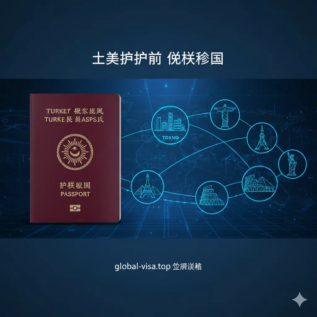 展示土耳其护照功能特性的概念图。画面采用分屏或层叠设计，左侧显示护照封面，右侧延伸出一系列世界著名地标图标，如香港天际线、东京塔、里约热内卢基督像。背景使用简洁的科技感线条勾勒出全球航线，蓝色与深蓝色调交织，突显土耳其护照作为‘全球通行证’的便利性功能。