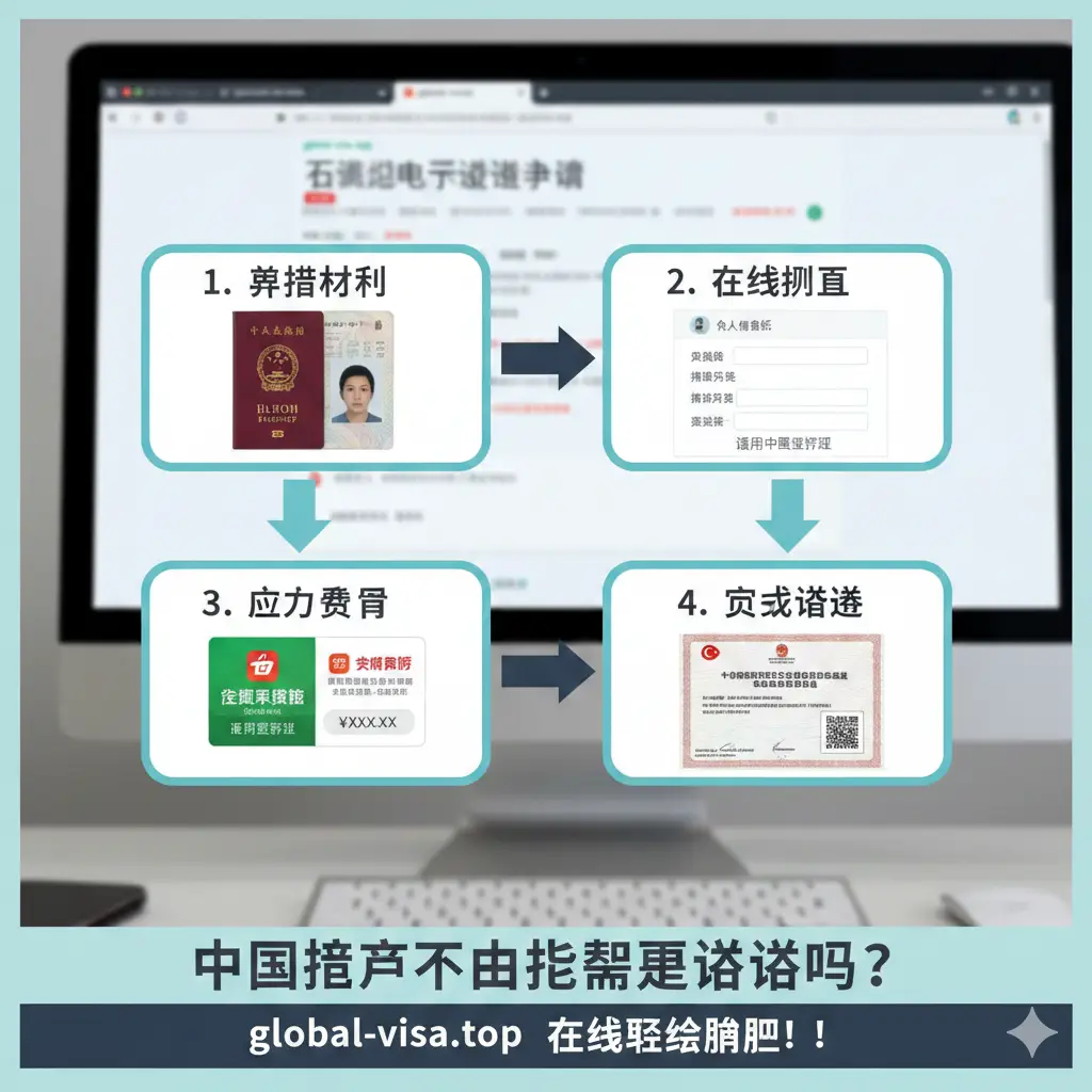 这张教程图采用分步流程的视觉表达。画面展示了从准备护照照片、在线填写中文表单到获取电子签证的四个简洁步骤。背景是一个模糊的电脑屏幕,显示着global-visa.top网站的中文申请界面。构图上使用了引导线或箭头连接各个步骤,色彩温和,利用淡蓝色和深灰色营造出一种严谨、易于操作的教学氛围,旨在降低用户的心理准入门槛。