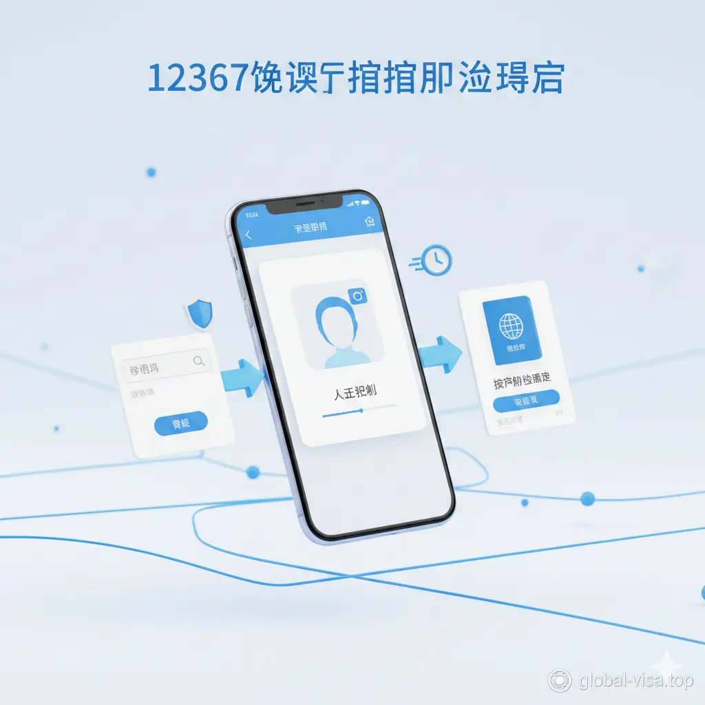 一张清晰的3D渲染风格教程指示图。画面展示了一部浮空的智能手机，屏幕上分步显示着从搜索‘移民局’到完成‘人脸识别’再到‘进度查看’的流程简图，并附带引导箭头。周围点缀着盾牌（象征安全）和时钟（象征速度）的3D小元素。色彩以白色和天蓝色为主，构图整洁清晰，方便用户快速理解操作逻辑。