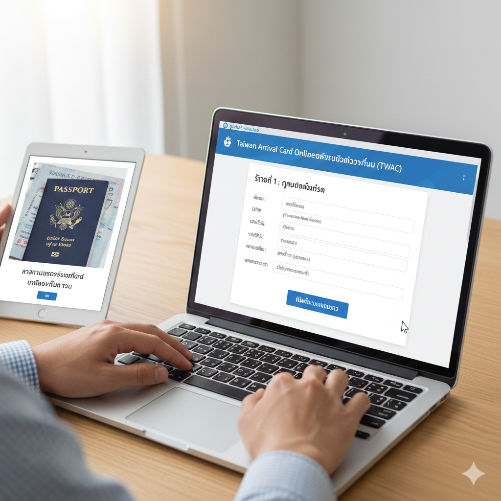 A detailed tutorial-style image showing a person's hands using a laptop and a tablet simultaneously. The screen displays a clean, simulated interface of the Taiwan Arrival Card (TWAC) online system.