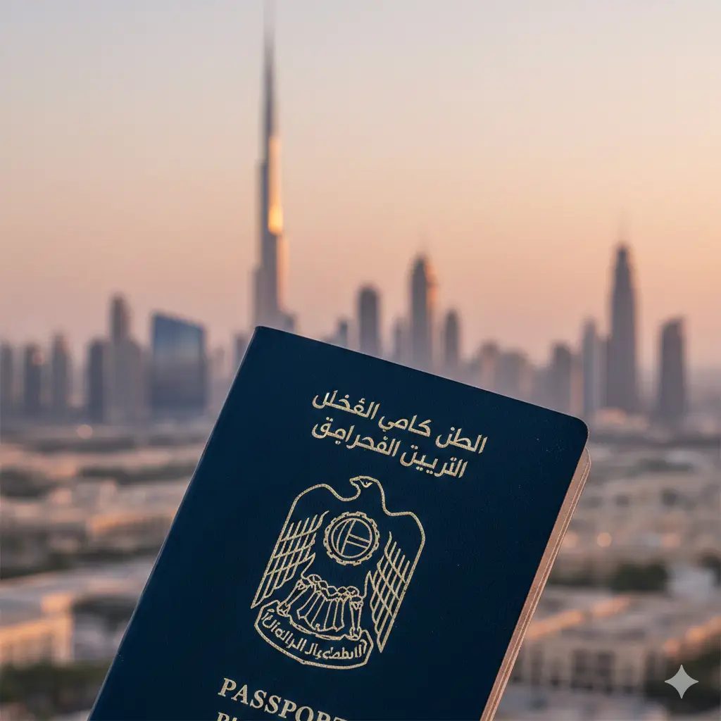 一张极具质感的封面大图。画面中心是一本深蓝色的阿联酋护照，金色国徽在柔和的自然光下闪闪发光。背景是迪拜天际线的模糊远景，隐约可见哈利法塔，结合了商务与奢华旅行的氛围。色调采用高雅的深蓝色与金色对比，构图采用大光圈虚化背景，突出护照主体，上方留有足够空间用于放置文章标题，展现出‘全球通行证’的权威感。