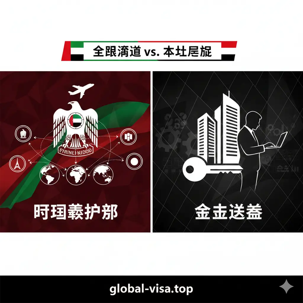 对比阿联酋护照与黄金签证优势的视觉图。采用左右分屏对比构图，左侧代表护照，图标是飞机起飞通往世界各地；右侧代表黄金签证，图标是房产和职场精英办公场景。通过对比鲜明的图标表现出‘全球免签’与‘本地居留’的本质区别。色彩使用阿联酋国旗的红、绿、白、黑四色点缀，视觉冲击力强，让读者一眼识别出护照在国际旅行中的压倒性优势。